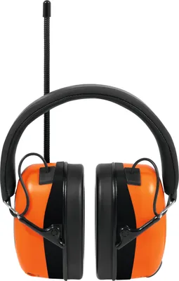 A pair of orange and black earmuffs with an antenna is shown against a white background.