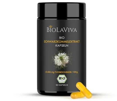 Produktbild von Schwarzkümmelöl Kapseln Extrakt – 60 vegane Kapseln, 2-Monats-Vorrat – 5.000 mg Thymochinon/100 g – Lichtschutz MIRON Violettglas | BIOLAVIVA
