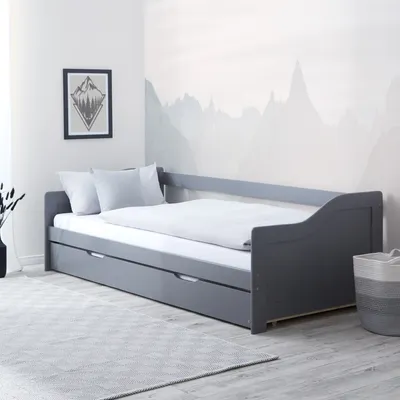 Produktbild von Homestyle4u Tagesbett Ausziehbett 90x200cm Grau Holzbett Kiefer massiv Einzelbett Bettgestell mit Lattenrost