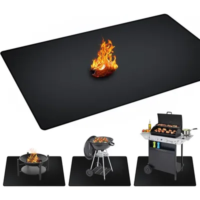 A collage of images showing a black fire-resistant BBQ mat with different types of grills and fire pits on it.
