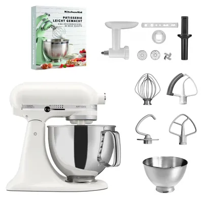 Produktbild von KitchenAid 4,8 L 5KSM175 Artisan Küchenmaschine Pastrylover mit Kunststofffleischwolf+Spritzgebäckvorsatz und Patisserie Buch Porcelain White