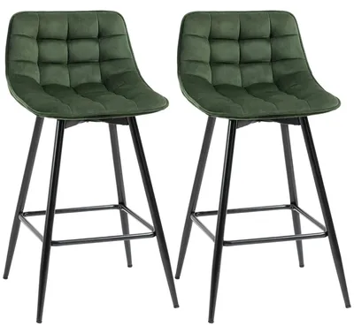 Image de 2 tabourets de bar - Tabourets avec dossier - Revêtus de velours et avec structure métallique - Design scandinave - 45x47x84 cm - Vert armée