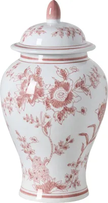 Produktbild von BELIANI Blumenvase mit Deckel Weiß u. Hellrot Porzellan 38 cm Hoch Groß Gewölbt Handgemacht Chinesische Deckelvase Urnenvase Keramikvase Bodenvase