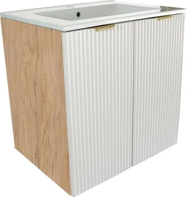 Obrázek produktu pro WENA Skříňka pod umyvadlo s umyvadlem, 2 dvířka 60 cm, žebrovaná čela, kovové úchytky ve zlaté barvě (barva: bílá/ořech)