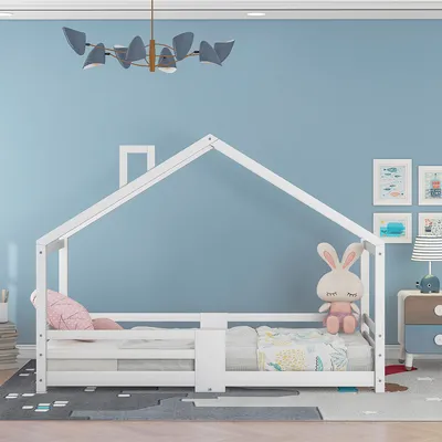 Produktbild von Kinderbett mit Schornstein Rausfallschutz Robuste Lattenroste Bodenbett Hausbett 90x200cm Weiß