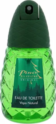 A green glass bottle of Pino Silvestre Original Eau de Toilette spray.