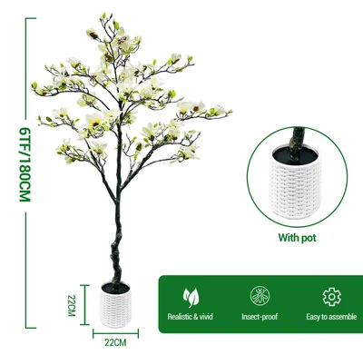 Obrázok produktu pre Umelo vyzerajúci magnóliový strom – dekoratívny strom s kvetmi – výška 183 cm – v kvetináči – plast – určený do interiéru – odolný voči UV žiareniu