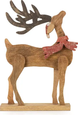 Produktbild von Weihnachtsdeko Mangoholz Rentier Figur 55,5 cm handgefertigte Dekofigur mit rotem Schal und Mütze winterliche Tischdekoration im natürlichen Stil