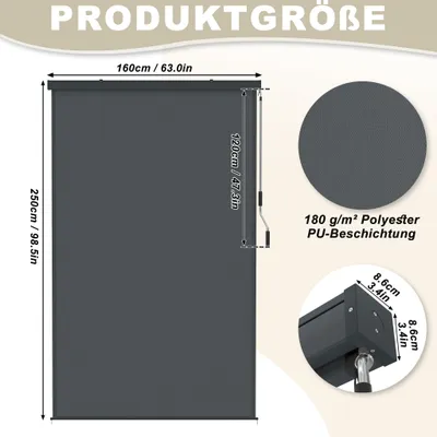 Diagram showing the dimensions and material of a gray roller blind.