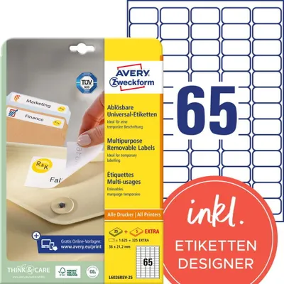 Produktbild von Avery Zweckform L6026REV-25 Universal-Etiketten, A4, 38,1 x 21,2 mm, 1.950 Etiketten/30 Bogen, weiß