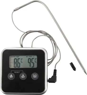 A digital kitchen thermometer with a probe and a digital display showing temperature readings.