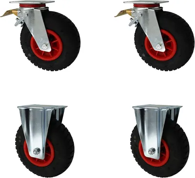 Produktbild von Set mit 230 mm luftbereiften Transportrollen, 2 Lenkrollen mit Bremse und 2 Bockrollen
