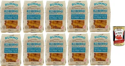 Produktbild von Rummo Pasta Nudeln Glutenfreie Mezzi Rigatoni N° 51, Bronze Gezeichnete gluteinfrei, perfekt für Menschen mit Zöliakie oder Glutenunverträglichkeit, 10x 400 g + Italian Gourmet polpa 400g
