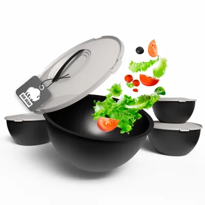 Produktbild von BigDean Salatschüssel Set groß mit Deckel, Schüssel 4 Größen 0,7-6 L in Anthrazit Schwarz, Kunststoff BPA-frei Salatschüssel  Germany