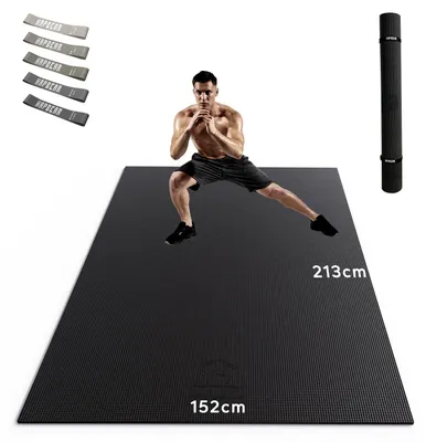 Produktbild von HAPBEAR Extra Groß Breit Sportmatte Fitnessmatte Rutschfest-Yogamatte XXL 213cm x 152cm x 8mm Dicke, Hoher Dichte Ultra Haltbar PVC, Gymnastikmatte mit Fitnessbänder, Schuhfreundlic – A-Schwarz 213cm