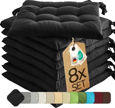 Produktbild von Sitzkissen Stuhlkissen Indoor & Outdoor 8er Set 40x40 cm - Schwarz - etérea Stuhl Kissen Auflage mit Bändern