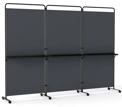 Produktbild von COSTWAY 3-teiliger Raumteiler auf Rollen, faltbarer Paravent Sichtschutzwand mit 3 Regalböden, Trennwand mit Metallrahmen, Stellwand, Grau