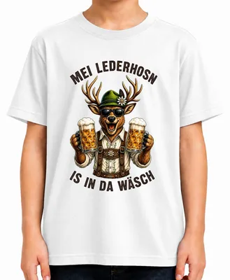 Obrázek produktu pro Tričko s motivem "Mei Lederhosn", značka "Wäsch Hirsch", kolekce "Bier Trachten", model "Lederhose", dětské, bílé, velikost 152