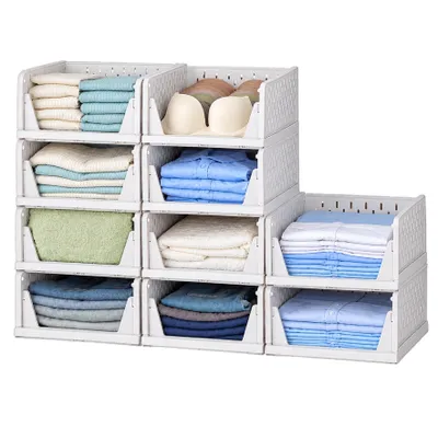 Produktbild von Deuline 10 x Schrank-Organizer klappbar, Kleiderschrank-Organizer stapelbar, ausziehbarer Korb, Aufbewahrung und Organisation, Kunststoff, Weiß 521161
