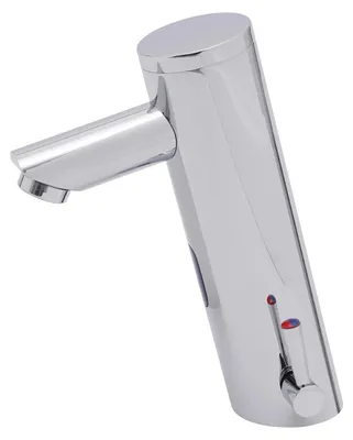 A chrome-plated automatic sensor faucet is shown against a white background.
