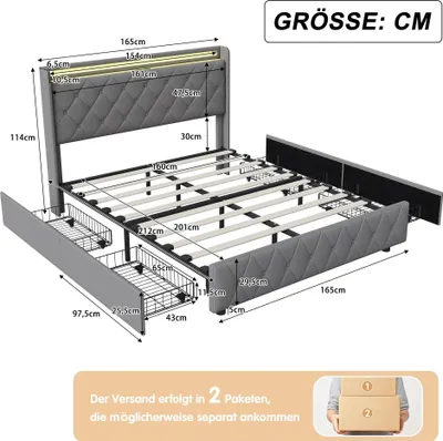 Obrázek produktu pro Postel – dřevěná postel s úložným prostorem – 140 x 200 cm – 2 zásuvky – LED osvětlení – moderní design – šedá