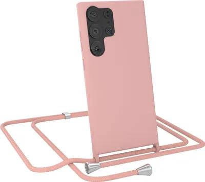 Produktbild von EAZY CASE Handykette kompatibel mit Samsung Galaxy S23 Ultra Handyhülle zum Umhängen, Silikon Hülle mit Band, Schutzhülle mit Ersatzkordel, Stylische Kette für Smartphone, Alt Rosa / Rosa