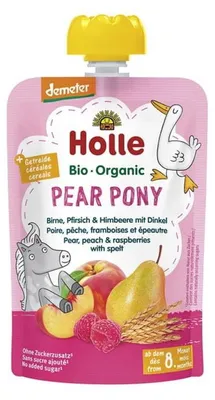 Zdjęcie produktu dla MUS GRUSZKOWY KUCYK (GRUSZKA - BRZOSKWINIA - MALINA - ORKISZ) BEZ DODATKU CUKRÓW OD 8 MIESIĄCA DEMETER100 g - HOLLE