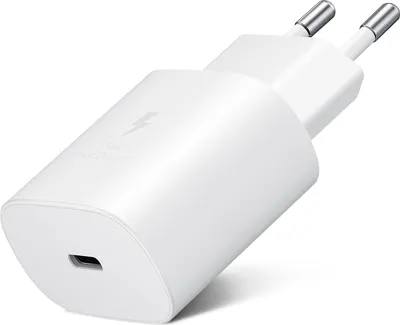 A white Samsung USB-C power adapter with a lightning bolt logo and text indicating fast charging.