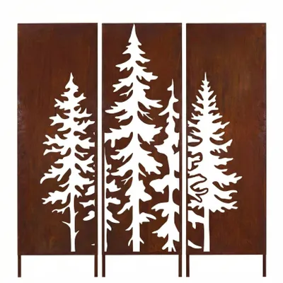 Immagine prodotto di Pannello divisorio in metallo, motivo "Tre alberi", 3 pezzi - 160 cm x 50 cm - Effetto ruggine naturale - Schermo per giardino - Elemento divisorio - Pannello divisorio