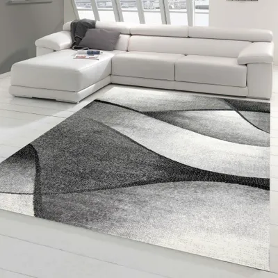 Produktbild von Moderner Wohnzimmer Teppich Wellen Design in schwarz grau anthrazit - pflegeleicht & strapazierfähig Größe - 240 x 340 cm