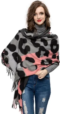 Produktbild von Glamexx24 Damen XXL Schal Kuscheliger warmer Leoparden Muster 3 farbiger Fransen Poncho Schal Oversized Deckenschal Rosa-Grau-Schwarz