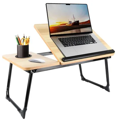 Produktbild von Laptop Tisch für Bett und Sofa - Verstellbarer Betttisch - Klappbar - Überbett-Tisch - Mit Becherhalter - Frühstückstablett - Tragbar - Holzoptik