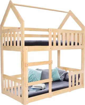 A wooden bunk bed with a house-shaped frame, shown against a white background.