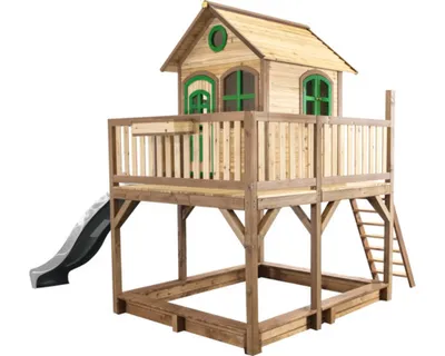 Produktbild von AXI Spielhaus Liam mit Sandkasten & grauer Rutsche | Stelzenhaus XXL in Braun & Grün aus Holz für Kinder | Spielturm mit Wellenrutsche für den