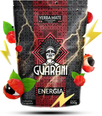 A bag of Guarani Energia Yerba Mate with Guarana flavor, surrounded by guarana fruits and lightning bolts.