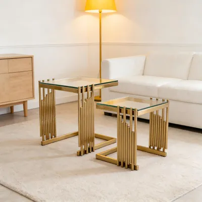 Produktbild von okwish Square Couchtisch Set mit Gehärteter Glasplatte Zweiteilig Wohnzimmer Kleiner Beistelltisch mit Stauraum und goldfarbenen Metallbeinen Gold
