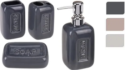 A set of four grey bathroom accessories, including a soap dish, a toothbrush holder, a cup holder, and a soap dispenser, arranged on a white background.