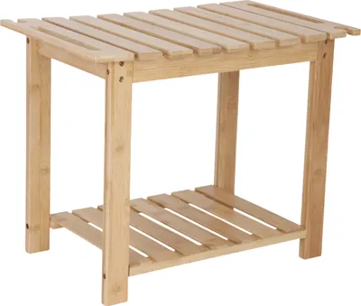 Produktbild von Relaxdays Badhocker aus Bambus, mit Ablage & Duschkopfhalter, Griffe, HxBxT: 42 x 53 x 33 cm, Sitzbank Bad & Flur, natur