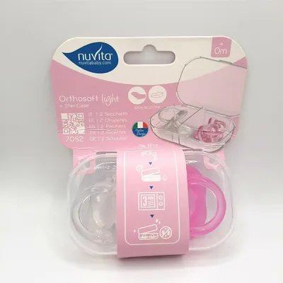 Produktbild von Nuvita 7052 ORTHOSOFT LIGHT - Set von 2 Schnullern aus 100% Silikon mit orthodontischer Saugwarze 0m+ und selbststerilisierender Hülle - Rosa/ Transparent.