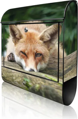 Produktbild von banjado Design Briefkasten Stahl schwarz mit Zeitungsfach pulverbeschichtet "Fuchs Relax" 38x46x12,5cm & 2 Schlüssel - Postkasten A4 Einwurf inkl. Montagematerial [BKSCH 12902]