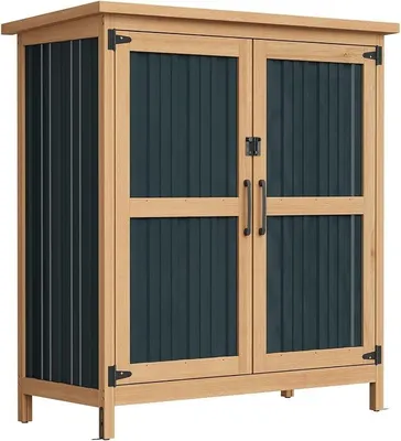 Imagen del producto de Armario de jardín de madera, cobertizo para herramientas de exterior con estante ajustable, casa de jardín resistente a la intemperie para herramientas, cierre de puerta magnético, 81,5 x 34 x 96 cm, color