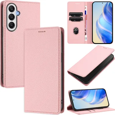 Image de Etui en cuir pour Samsung Galaxy A25, Litschi cuir, étui portefeuille avec fentes pour cartes et support Rose