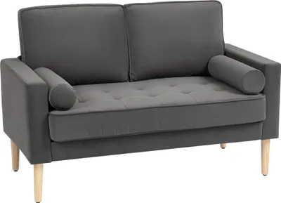Image de HOMCOM Canapé 2 places canapé moderne en velours 127 cm, coussins à ressorts épais, pieds en bois d'hévéa, 2 oreillers et assise capitonnée, banquette 2 places pour salon, chambre, petit espace, gris