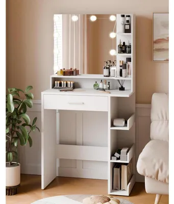 Zdjęcie produktu dla Toaletka z lustrem i 10 diodami LED, 1 szuflada, 7 przegródek, kolor biały, wymiary: 67 x 36 x 138 cm