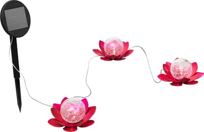 Produktbild von Solar Lotusblüte für außen aus Metall mit Bruchglaskugel und warm-weißer LED Beleuchtung, verschiedene Ausführungen, toller Lichteffekt, moderne Gartendeko in Seerosen-Optik (3er Set Bodenlichterkette)