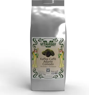 Produktbild von VITAVEGGY ADANTE COMODO ganze Arabica & Robusta Kaffeebohnen 1KG 75% - 25% Mischung Espresso-Blend, Röstkaffee aus Südamerika Zentralamerika & Asien,Röstung in Deutschland, von Food-United, für Espresso-Kaffee-Crema Filterkaffee Latte Macchiato Cold Brew