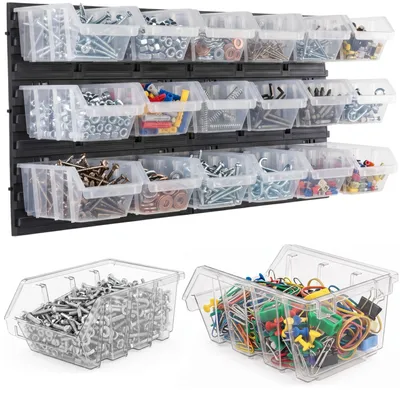 Productafbeelding van Werkplaats-wandrek met 18 doorzichtige sorteerboxen, opbergsysteem voor schroeven, moeren en kleine onderdelen, kunststof, 78 x 39 cm, boxen 190 x 123 x 90 mm, draagvermogen tot 20 kg, voor garage, magazijn en werkplaats