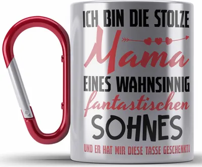 Produktbild von Trendation - Mama Geschenk von Sohn Edelstahl Tasse Karabiner Geschenkidee Muttertag Karabiner Edelstahl Tasse Karabiner Edelstahl Spruch (Rot)