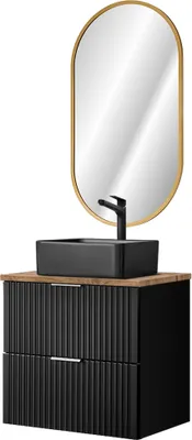 Produktbild von Waschplatz Set, 61cm breit, mit schwarzem Aufsatzwaschbecken aus Keramik, gerillte Front, matt schwarz mit Eiche Nb., ADELAIDE-56-BLACK, B/H/T ca. 60,6/200/46,5 cm