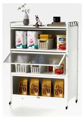 Produktbild von Stehendes Küchenregal mit 4 Ebenen, Küchenschrank mit Haken und Rollen, Mikrowellenschrank, Bäckerregal, Standregal, Aufbewahrungsregal, Lagerregal, Beistellschrank mit Sichttüren (Weiß)